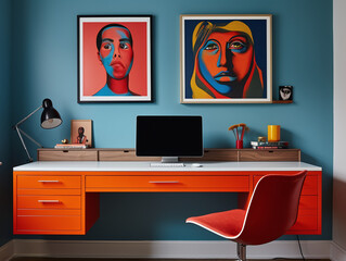 Modern office interior with table, chair, and 2 paintings on the wall.