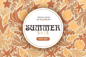 Summer sale round vector banner template with abstract ocean plants, seashells, sea stars, corals pattern isolated on light background. Illustration for advertising, card, website