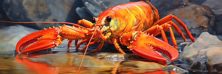 Close-up View of Majestic Crawfish in Vibrant Hues and in Naturalistic Surrounding Environment - obrazy, fototapety, plakaty