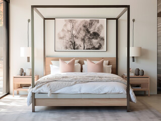 Modern bedroom features a painting above the four-poster bed and a cabinet for storage