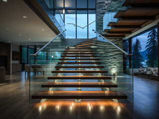 Modern stairs with glass handrail and warm lights on every step