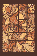 Vector illustration with abstract ocean plants, seashells, sea stars, corals composition isolated on brown background. Design for greeting card print, poster, invitation template, banner