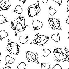 Fototapeta na wymiar Seamless pattern with roses, petals. Hand drawn vector illustration in outline style.