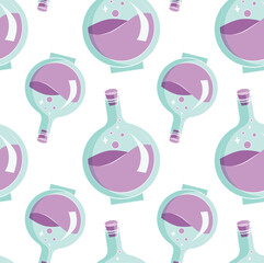 Bottles with pink potion from different angles. Magic attributes in cartoon style. Seamless vector pattern for backgrounds and prints.
