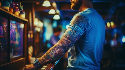 Unique and stylish tattoos on mans hands. trendy designs for creative body art enthusiasts - obrazy, fototapety, plakaty
