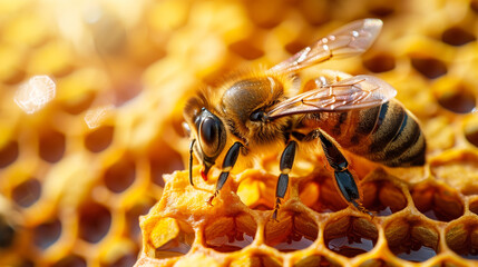 Honeybee in a honeycomb with honey 