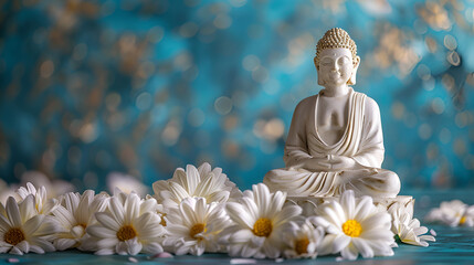Buddha statue in White color with white flowers around, Buddha Statue with Blue Background, Buddhist holy day commemorating Siddhartha Gautama. ai generated