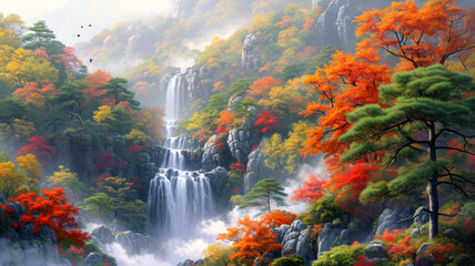 A cascading waterfall transforms into a veil of mist, capturing the ethereal beauty of nature's force and creating an atmospheric scene of tranquility and power