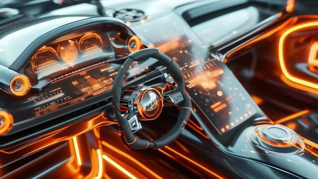 A detailed shot of a dashboard featuring a mix of metallic and gl surfaces with neon orange accents. The combination of modern materials and bright neon elements gives off
