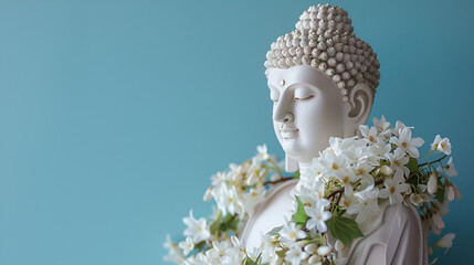 Buddha statue in White color with white flowers around, Buddha Statue with Blue Background, Buddhist holy day commemorating Siddhartha Gautama. ai generated - obrazy, fototapety, plakaty