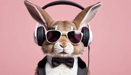 rabbit in a suit with sunglasses and headphones. Pastel background