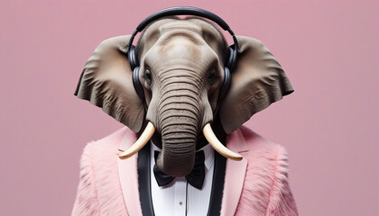 elephant in a suit with sunglasses and headphones. Pastel background - obrazy, fototapety, plakaty