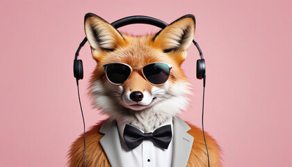 fox in a suit with sunglasses and headphones. Pastel background