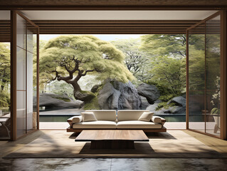 Modern Japanese living room featuring a sofa with garden view