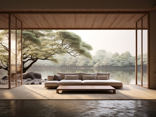 Modern Japanese living room with long wooden sofa and Japanese garden view