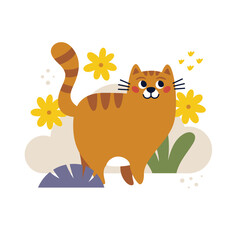 Funny red cat is walking in park among plants and flowers. Happy cat character. Summer vacation time. Vector Hand drawn cartoon flat illustration.