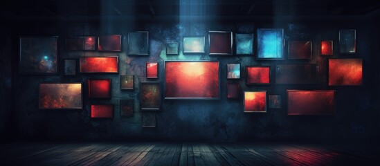 A dark room is illuminated by a beam of setting sun, revealing red and blue squares on the wall....