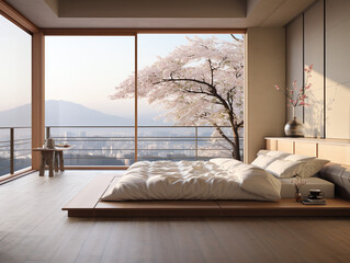 A serene Japanese bedroom with an expansive window offering a breathtaking view of cherry blossoms in full bloom