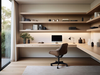 Modern wood office room with chair and computer for work or study
