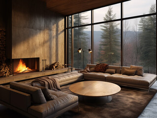 Cozy living room with fireplace, sofa, and large window overlooking a stunning view of nature