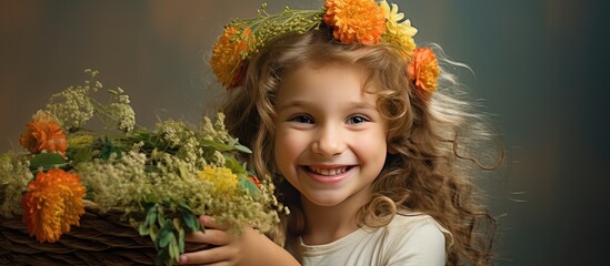 A young girl with a beautiful smile holds a basket filled with colorful flowers in her hands. The girl appears happy and content as she cradles the bouquet close to her. The vibrant blooms contrast