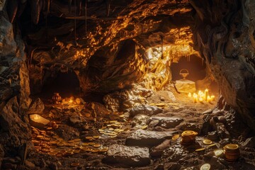 Cave of Wonders Filled with Gold- Set inside a vast cave brimming with gold coins, gem-encrusted goblets, and priceless artifacts, lit by the glow of torches created with Generative AI Technology - obrazy, fototapety, plakaty