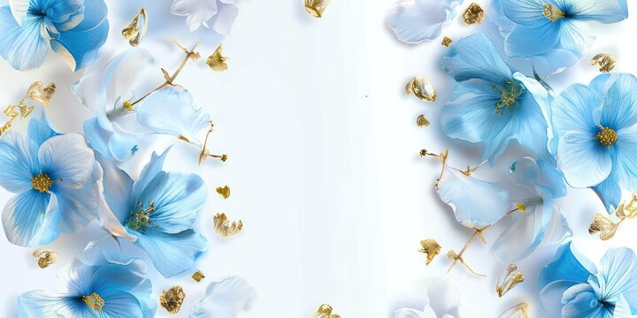 generates an image, white background, sky blue flowers with gold edges