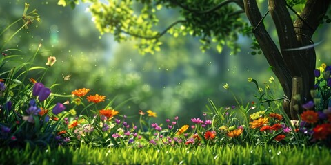 NatÃ¼rlicher Gartenhintergrund cartoon Zeichne einen Hintergrund mit einer grÃ¼nen Wiese, Blumen und vielleicht einem Baum. FÃ¼ge realistische Elemente wie Blumen, Gras und Schmetterlinge hinzu - obrazy, fototapety, plakaty