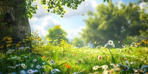 NatÃ¼rlicher Gartenhintergrund cartoon Zeichne einen Hintergrund mit einer grÃ¼nen Wiese, Blumen und vielleicht einem Baum. FÃ¼ge realistische Elemente wie Blumen, Gras und Schmetterlinge hinzu - obrazy, fototapety, plakaty