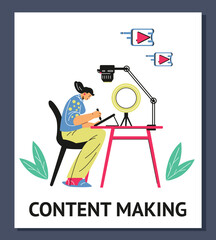 Making visual content for social media vector cartoon poster, artist recording drawing tutorial video on graphics tablet