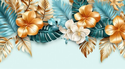 3d illustration of abstract background with golden leaves and flowers in turquoise color