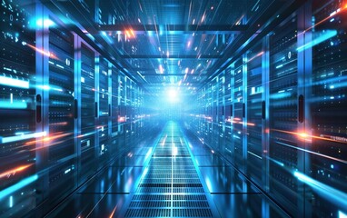 Futuristic Data Center, a modern and futuristic data center with rows of high-tech servers, showcasing brilliant blue and red LED lights, reflecting a high-speed, digital data exchange and storage