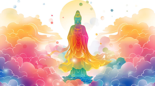 Statue of the Goddess Guanine Bodhisattva in Rainbow colors, Copy Space the goddess of mercy vector illustration, Guanyin statue cop space, ai generated