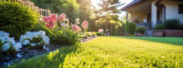 Garden with fresh green grass both shrub and flower front lawn background, Garden landscape design Fresh grass smooth lawn with curve form bush in house's garden care. - obrazy, fototapety, plakaty