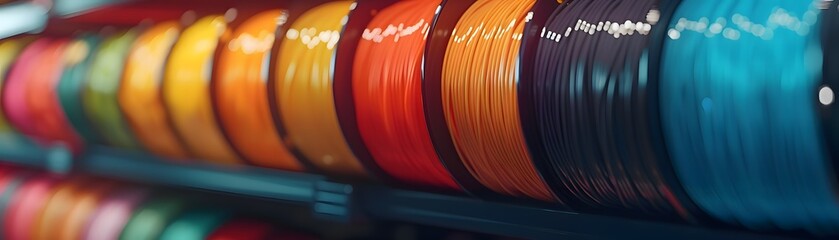 A row of colorful plastic spools for 3D printers sits on a shelf in a makerspace or workshop. These spools feed filament into 3D printers to create objects. - obrazy, fototapety, plakaty