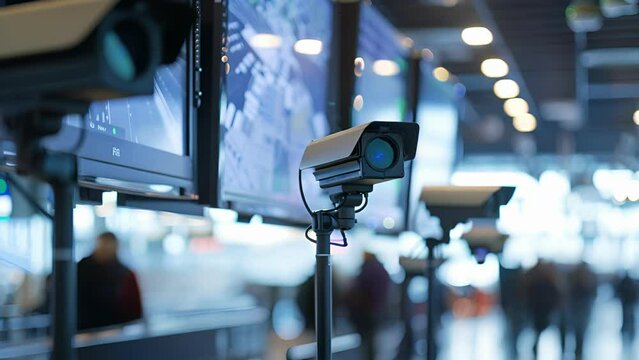 Detail shot of a border security booth with multiple cameras and monitors displaying live feeds of passengers going through the inspection process.