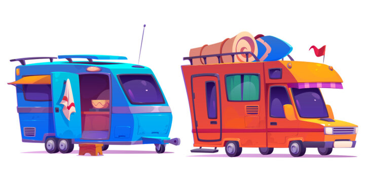 Camper van with baggage on top and open door for family travel concept. Cartoon vector set of caravan car and motorhome for summer recreational vacation. Vintage rv trailer vehicle for trip.