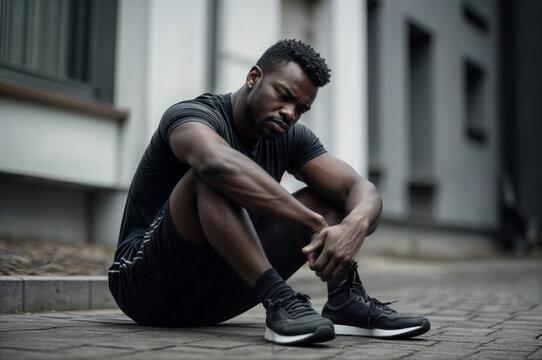 Young african american man tying shoelaces before jogging.