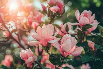 Pink Magnolia Flowers and Tree in Summer