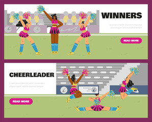 Fototapeta premium Flyers with cheerleaders of sports teams on field, flat vector illustration.