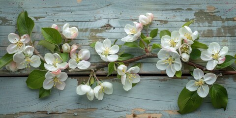 Spring apple blossoms flowering branch on wooden background 