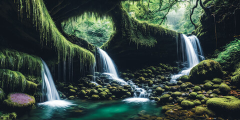 Enchanted Waterfall. A waterfall cascades down moss-covered rocks, revealing a secret grotto behind its veil.