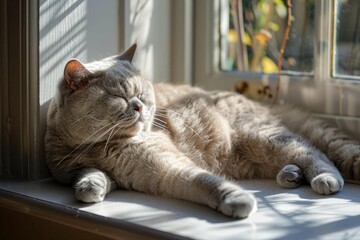 A British Shorthair cat lounging lazily on a windowsill, basking in the afternoon sun