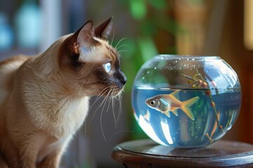 A Burmese cat intently observing a fishbowl from a safe distance