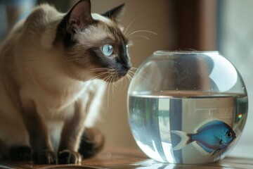 A Burmese cat intently observing a fishbowl from a safe distance