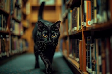 A Bombay cat stealthily exploring a dimly lit library