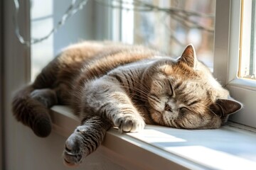 A British Shorthair cat lounging lazily on a windowsill, basking in the afternoon sun
