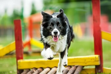 A Border Collie dog expertly navigating an agility course