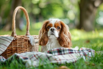 A Cavalier King Charles Spaniel patiently waiting by a picnic basket