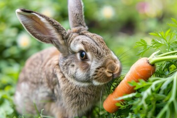 A close-up of a rabbit nibbling on a fresh carrot